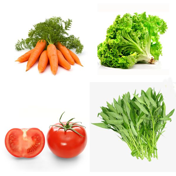 Thức ăn phụ cho gà đá mau mập bao gồm rau xanh, cà chua, cà rốt.